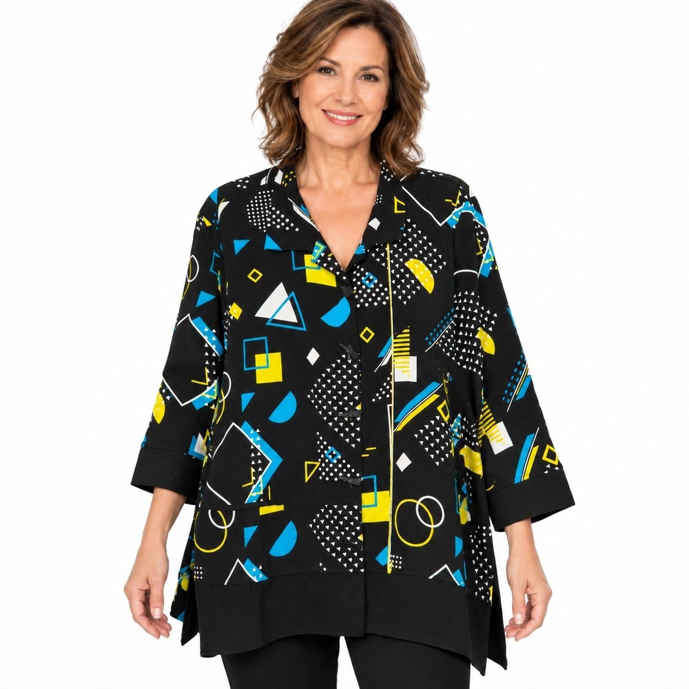 NWOT Ali Miles Top Jacket Women 1X Black Geometric Memphis Design Lagenlook Work